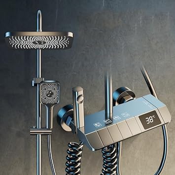 COYEUX Thermostatic Piano Key Shower Faucet Set, with 3-Speed and Spray Brass Waterfall Shower Faucet, Digital Display, with Four-Function Water Outlet