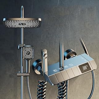 COYEUX Thermostatic Piano Key Shower Faucet Set, with 3-Speed and Spray Brass Waterfall Shower Faucet, Digital Display, with Four-Function Water Outlet