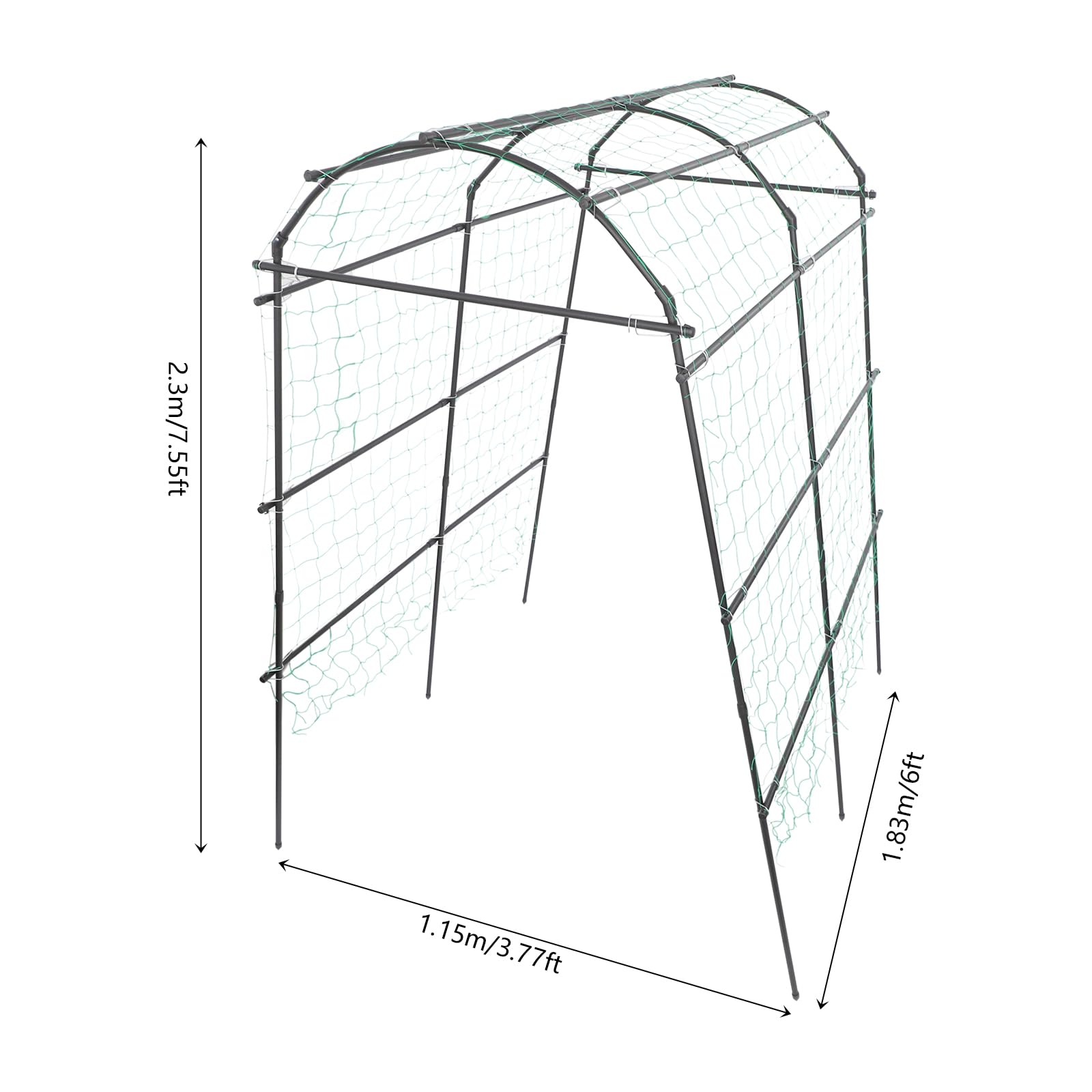 Grande arco da giardino per piante rampicanti con rete di nylon rinforzata in acciaio e PE, 183 x 115 x 230 cm, nero