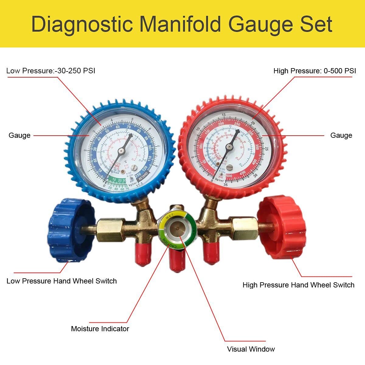 3 Way Refrigerant Gauge AC Diagnostic Manifold Freon Gauge Set For R134A R12 R22 R502 - View #9