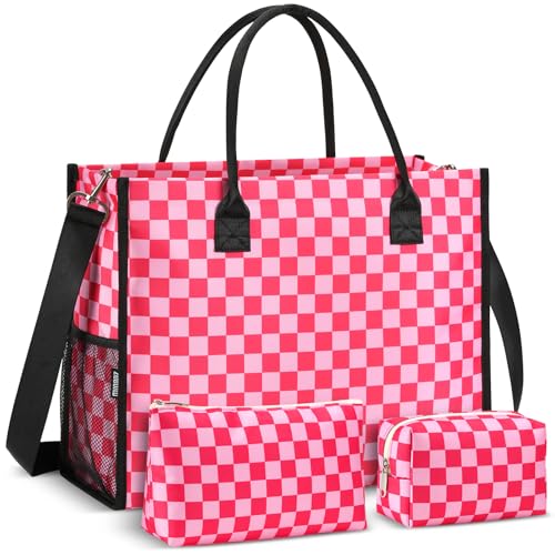 Image of ZUBOND Beach Tote Bags for Women 3 Pack, Large Trave Tote Bag with 2 Makeup Bags, Trendy Gingham Fashion Handbags Work Bag