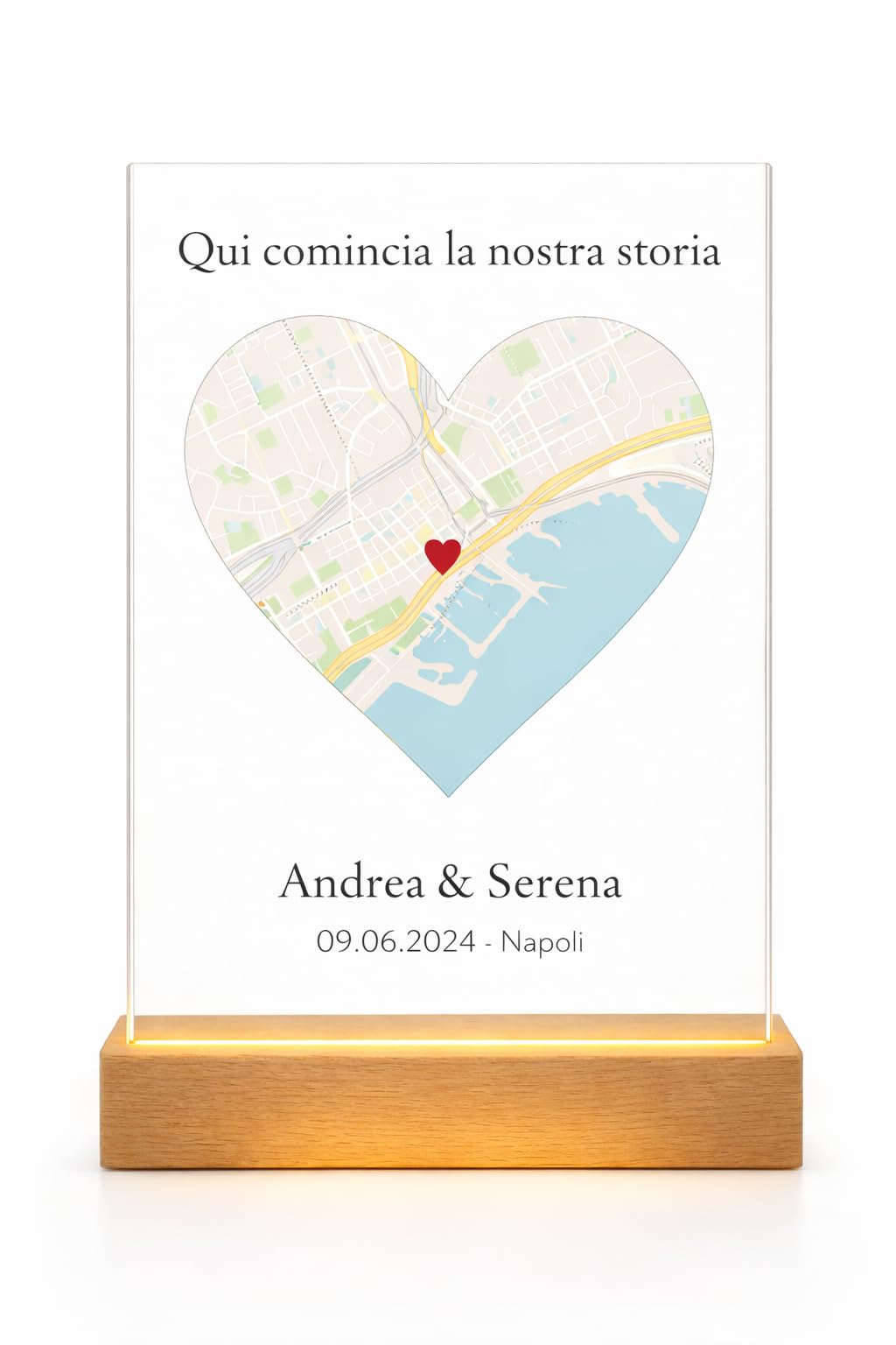 Targa Luminosa Personalizzata 15x20 cm con Mappa del Luogo Primo Incontro Bacio - Lampada Dove Tutto è Iniziato con Base in Legno – Regalo Coppia, Anniversario, Fidanzati, San Valentino