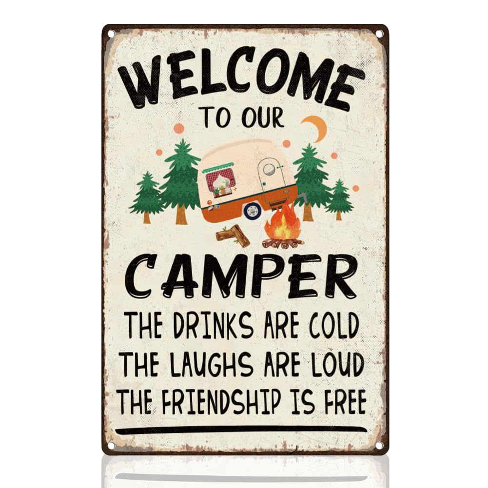 Camper Welcome Sign Decor Retro Rv Wall Metal Tin Sign, Funny Campsite Rules Vintage Wall Art Poster For Inside Outside And Rv Decor Gift Metal Tin Sign 8X12 Inch