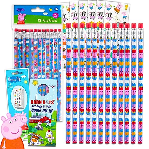 Lot de 12 crayons Peppa Pig pour salle de classe Lot de 12 crayons pour filles avec autocollants Peppa Pig et plus encore | Fournitures scolaires Peppa Pig