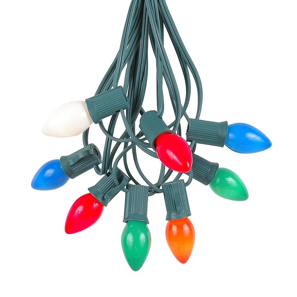 Novelty Lights C7 Multi Ceramic Christmas Lights Set - Indoor/Outdoor Christmas Light String â€“ Opaque Christmas Bulbs â€“ Outdoor String Lights - Green Wire - 25 Foot