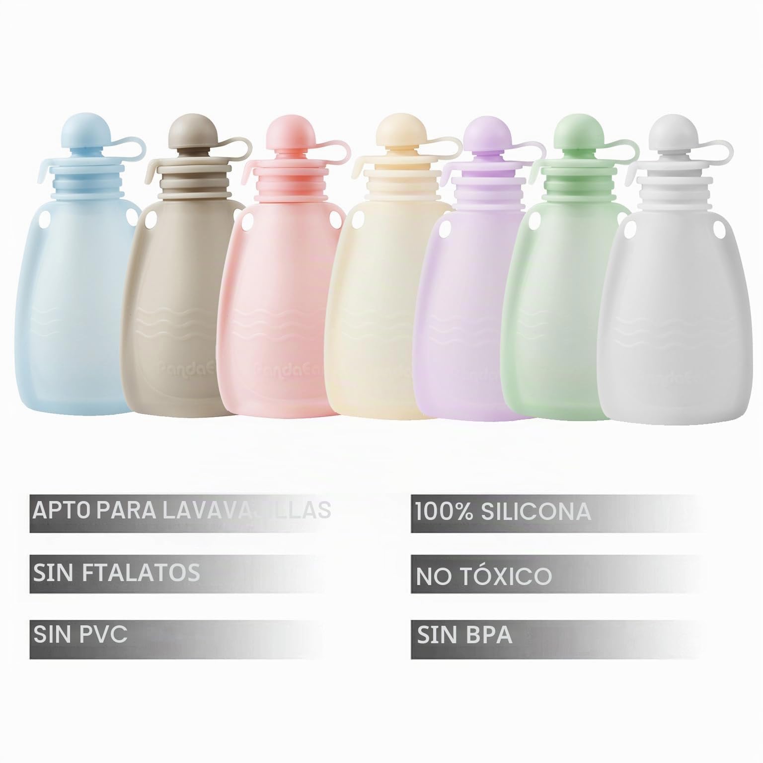 PandaEar Bolsas de Comida para Bebés de Silicona Reutilizables, Paquete de 7 Bolsas de Apriete para Niños Pequeños, Almacenamiento de Comida para Bebés Recargable de Silicona sin BPA, 160 ml