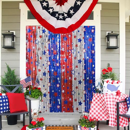 Image of 4th of July Foil Fringe Curtains Red White Blue Decorations | 2 Pack, Independence Day, Patriotic Party Backdrop, Streamers
