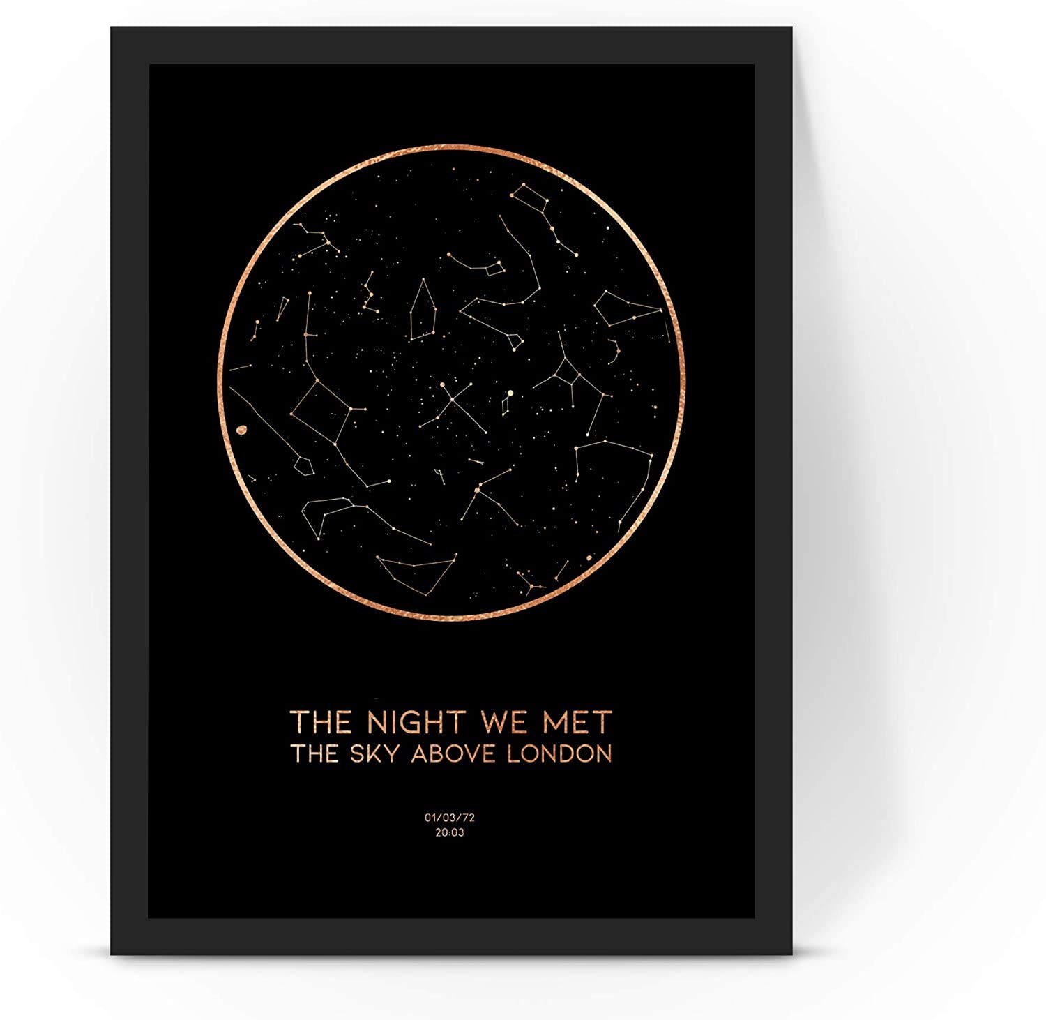 Forefrontdesigns White Personalised The Night We Met Copper Foil Star Map Poster Print, Framed/Unframed (A4 Print (210X297mm) 8.27X11.69 In) (A4 Print With Frame)
