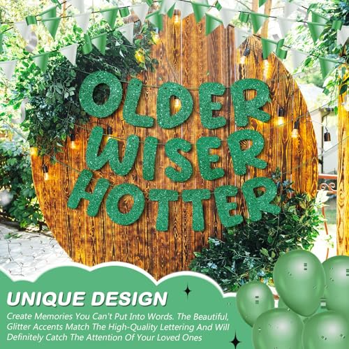 Image of Fulmoon Set of 3 Pre Strung Older Wiser Hotter Glitter Banner Funny Birthday Banner for Women 30th 40th 50th 60th 70th 80th Birthday Party Decorations Sign Gift(Green)
