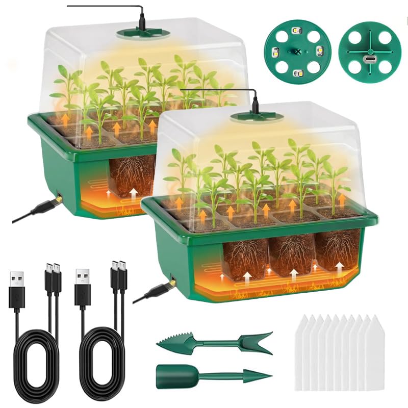 VDYXEW 2 Pack Seed Trays Propagator with Grow Light and Heat - Reusable Propagators for plants with Heightened Lids Propagation Station Germination Tray for Seedlings(2 Pack with Light)