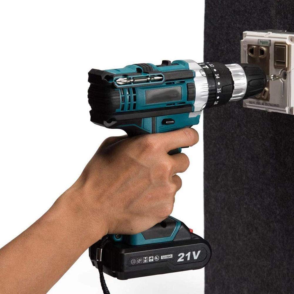 Trapano Avvitatore a Batteria da 21 V, Batteria al Litio 2x1500mA, 32 NM di Coppia, 2 velocità, Faro da Lavoro a LED, per progetti Fai da Te e bricolage, Caricabatterie Incluso