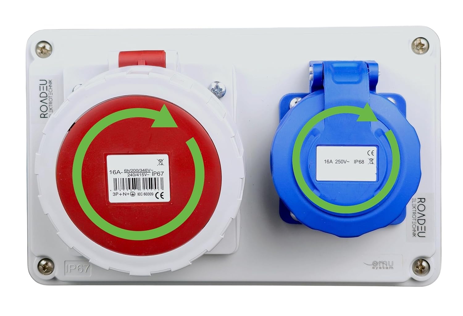 RoadEu – Steckdosenverteiler Schuko 230V + CEE 16A 5-polig, Stromverteiler IP67 Wasserdicht, Außensteckdose mit Abdeckung, Baustromverteiler für Indoor/Outdoor