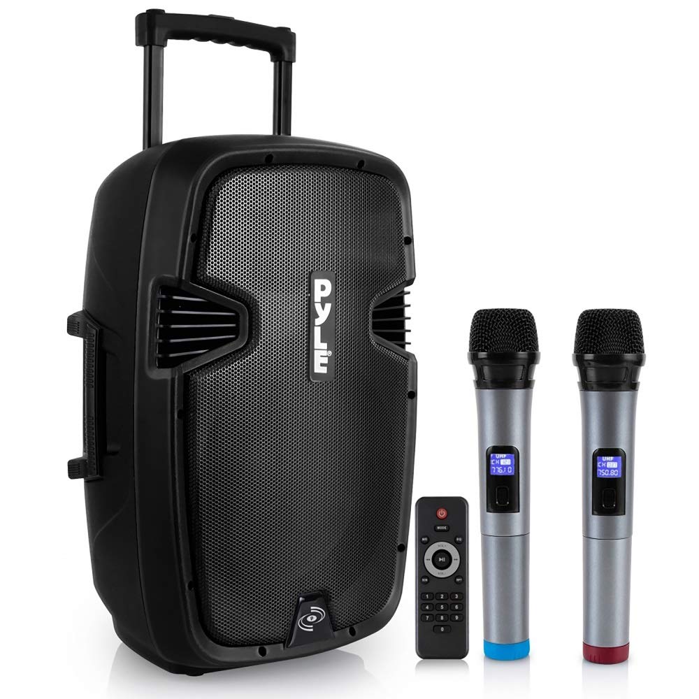 PyleKaraoke Portable PA Speaker System - 1000W Active Powered Wireless Bluetooth Compatible Outdoor Speaker W/Rechargeable Battery, Wheels, USB MP3 RCA, 2 UHF Microphone, Remote -