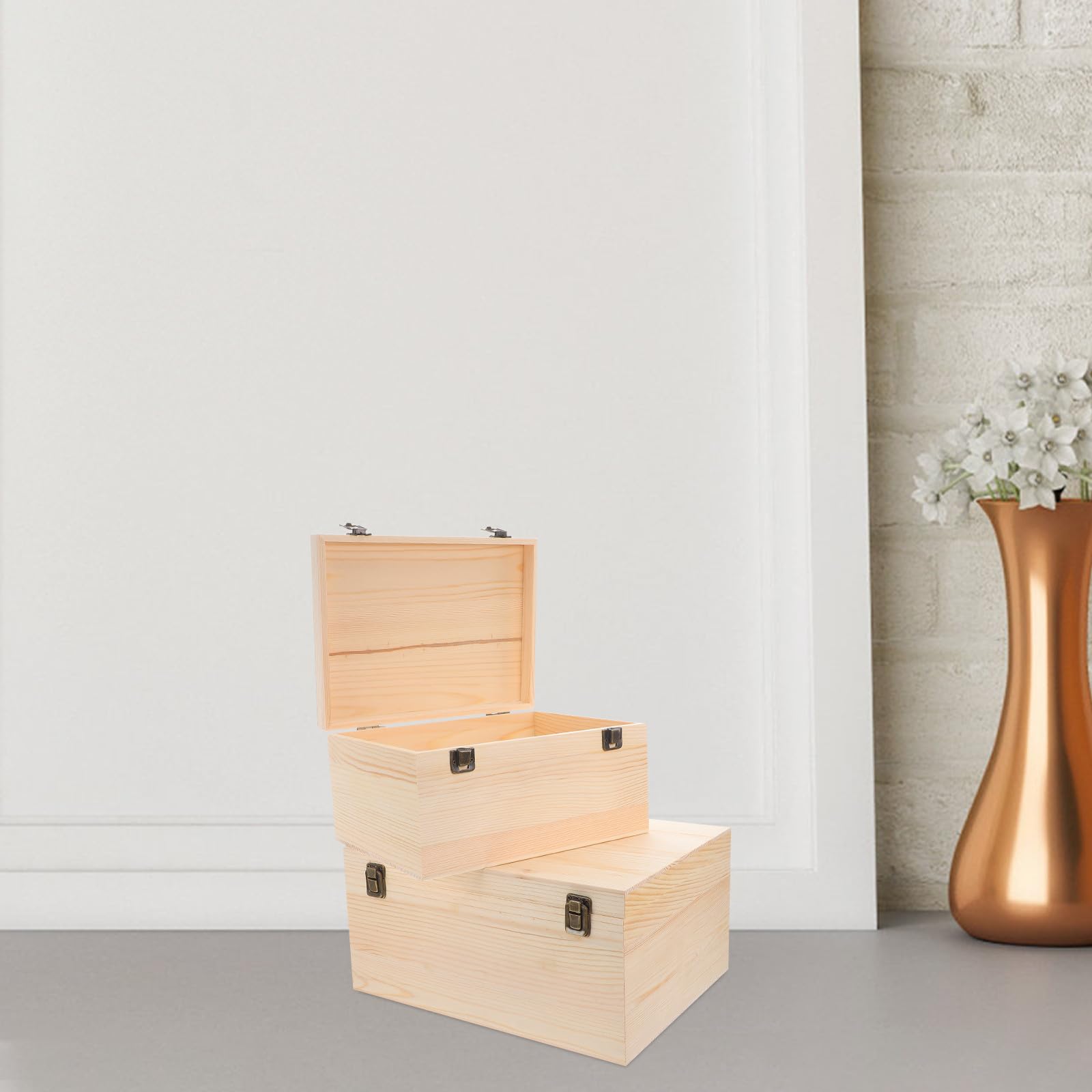 2 Piezas Caja de Madera Grande Caja de Madera para Manualidades de Pino, sin Pintar, con Tapa Abatible y 2 Cierres, para Organizar Objetos, Decoración de Oficina y Proyectos DIY