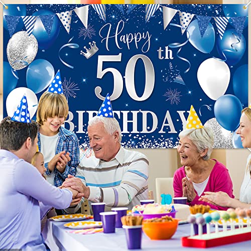 Image of 50th Birthday Banner Backdrop,BTZO Happy 50th Birthday Decorations,Blue Silver Fabric Photo Backdrop Background for Men and Women 50th Birthday Party,70.8 x 43.3Inch