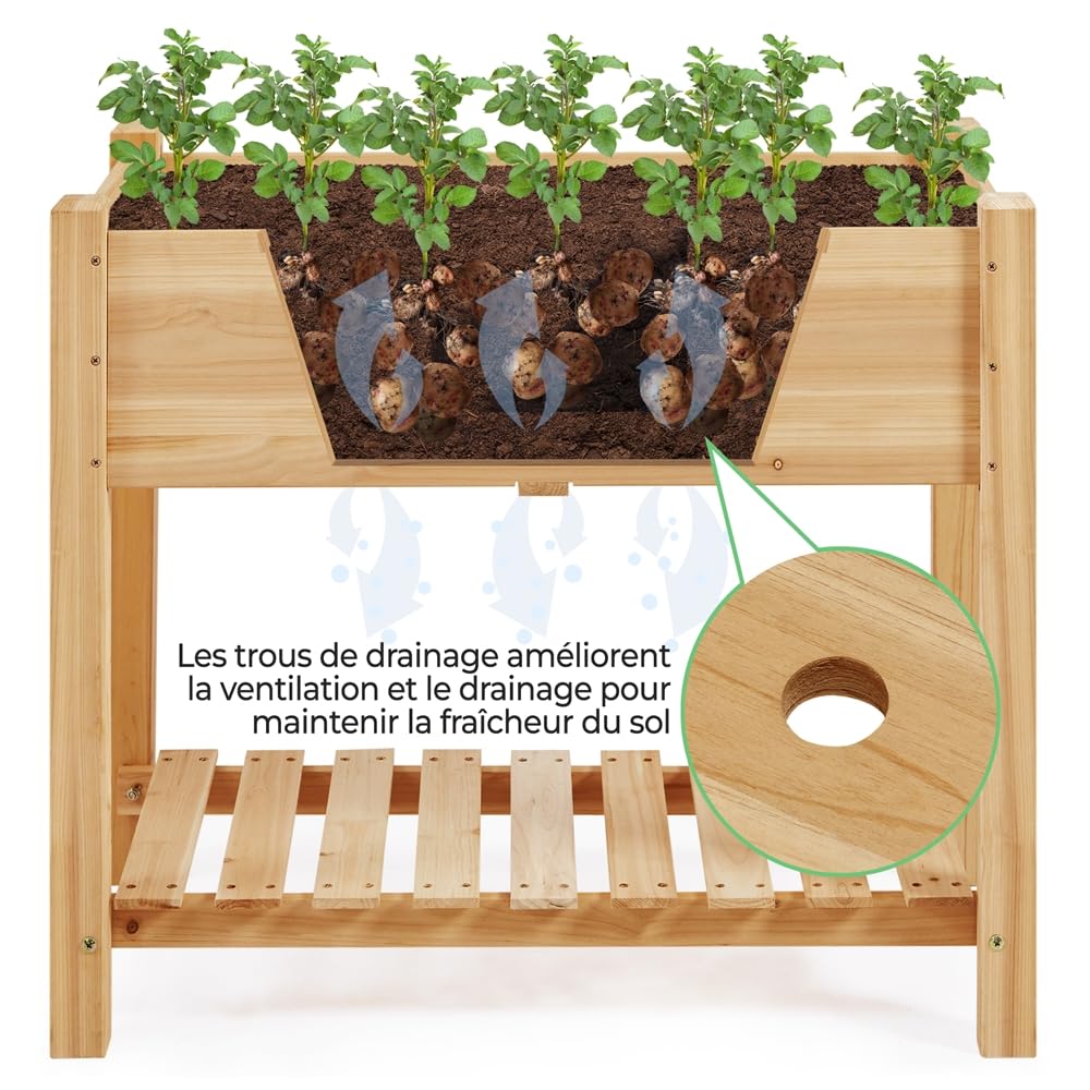Yaheetech Carré Potager sur Pied en Bois avec Plateau Intérieur Extérieur Structure Ergonomique Trous de Drainage pour Balcon/Jardin