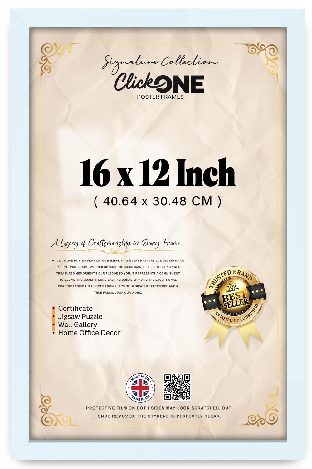Click One | Classic 16 X 12 Inch Photo Frame White — Picture Frame For Wall Hanging, Prints, Certificates, Rectangle Display For Paintings, Posters, Canvas Art Gallery (40.64 X 30.48 CM)