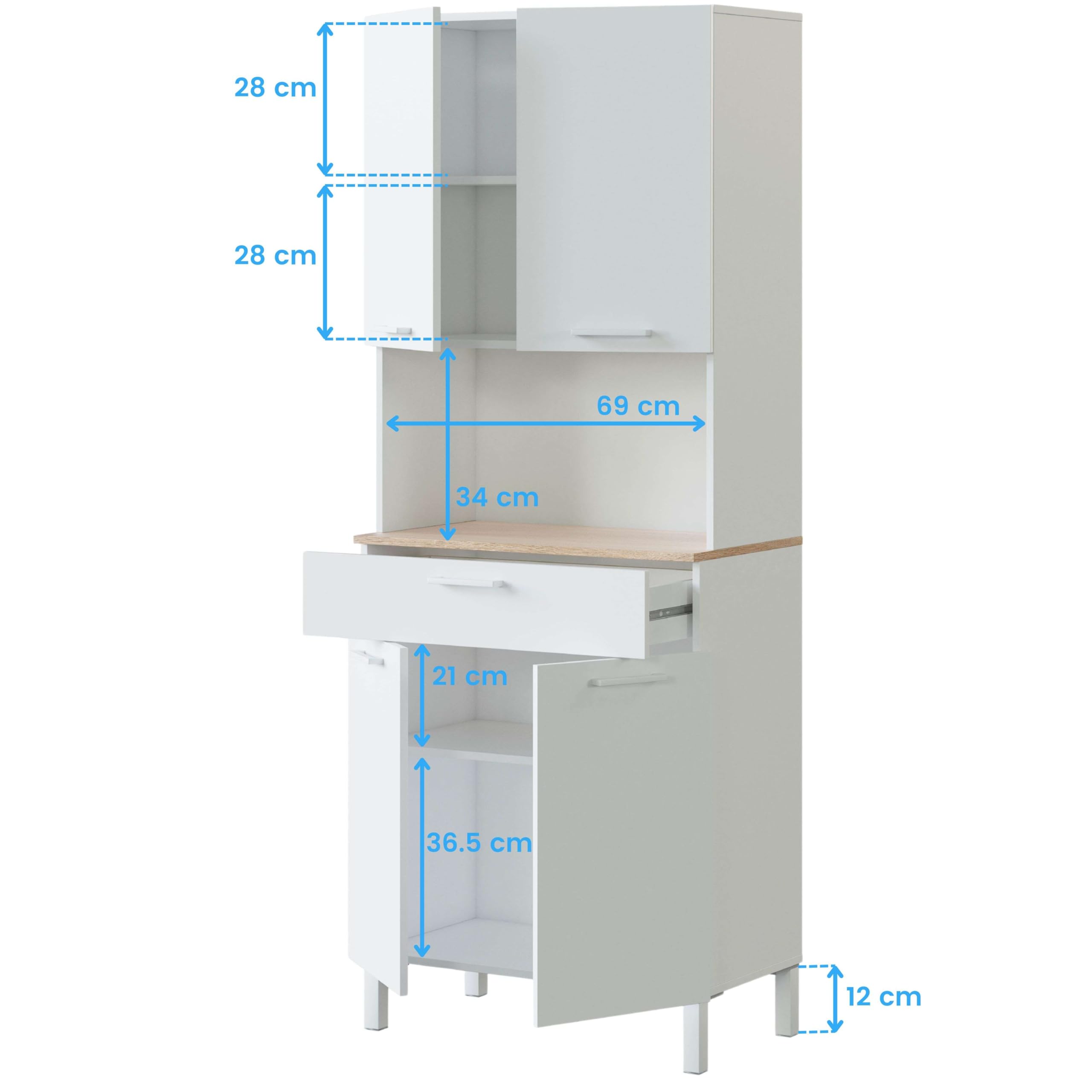 Habitdesign Mueble Auxiliar Cocina 4 Puertas + 1 Cajón, Modelo Kira, Acabado Blanco Artik y Roble Canadian, Medidas: 186 cm (Alto) x 72 cm (Ancho) x 40 cm (Fondo)
