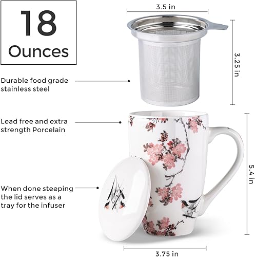 Miniatura 8 de AmorArc Taza de té de porcelana con infusor y tapas, colador de taza de 18 onzas con soporte para bolsa para hojas sueltas, taza de café para