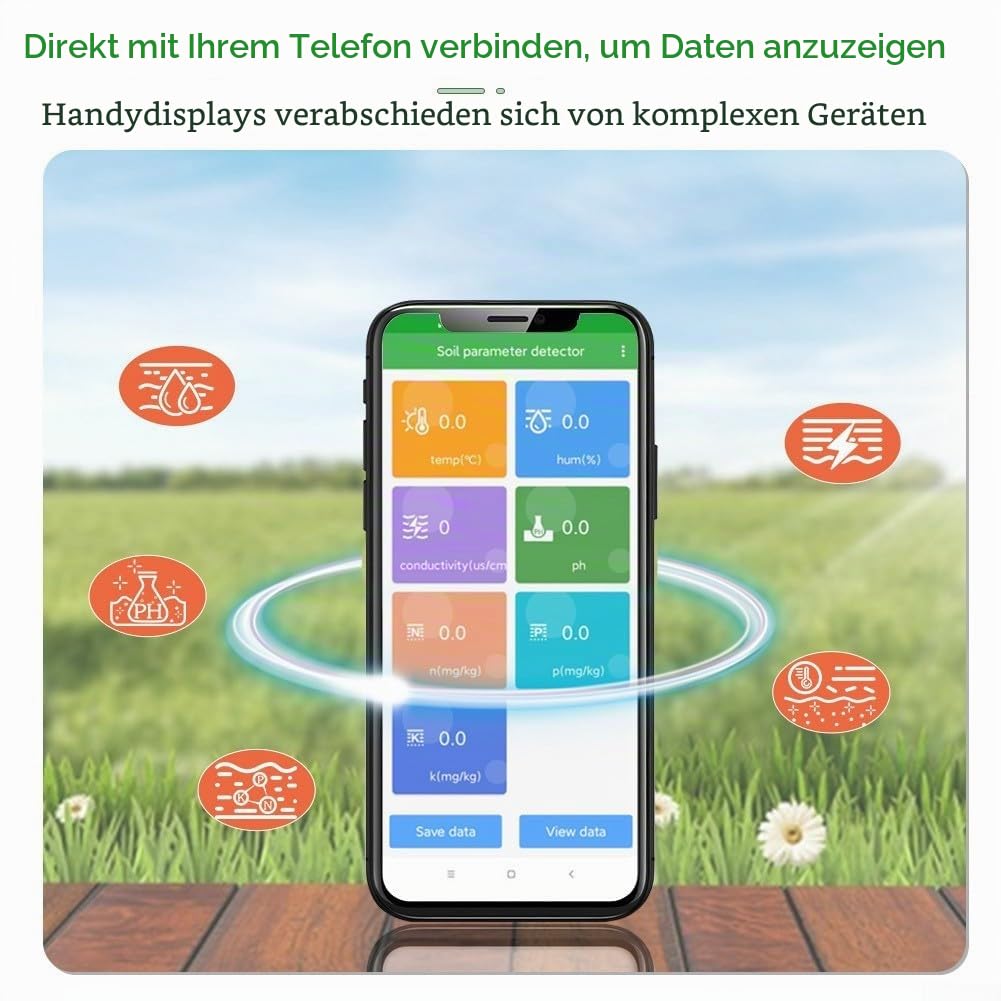 8-in-1 USB Bodenmessgerät, IP68 Wasserdicht Bodenfeuchtigkeitstester mit Echtzeit-App-Monitor, für Feuchtigkeit, Leitfähigkeit, Temperatur, PH, NPK Nährstoffe, Digitales Bodentester für Garten