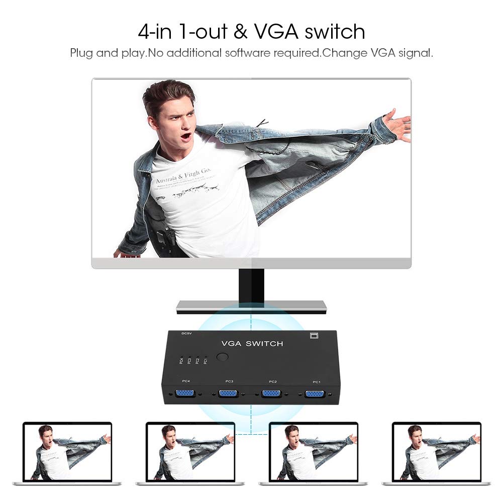 ASHATA VGA Switch de 4 Puertos VGA Splitter 4-in 1-out Video Converter Switcher Accesorio de Computadora 1920 X 1080 para Pantalla HD VGA y Video Metal Splitter Amplificador para PC con Pantalla LCD