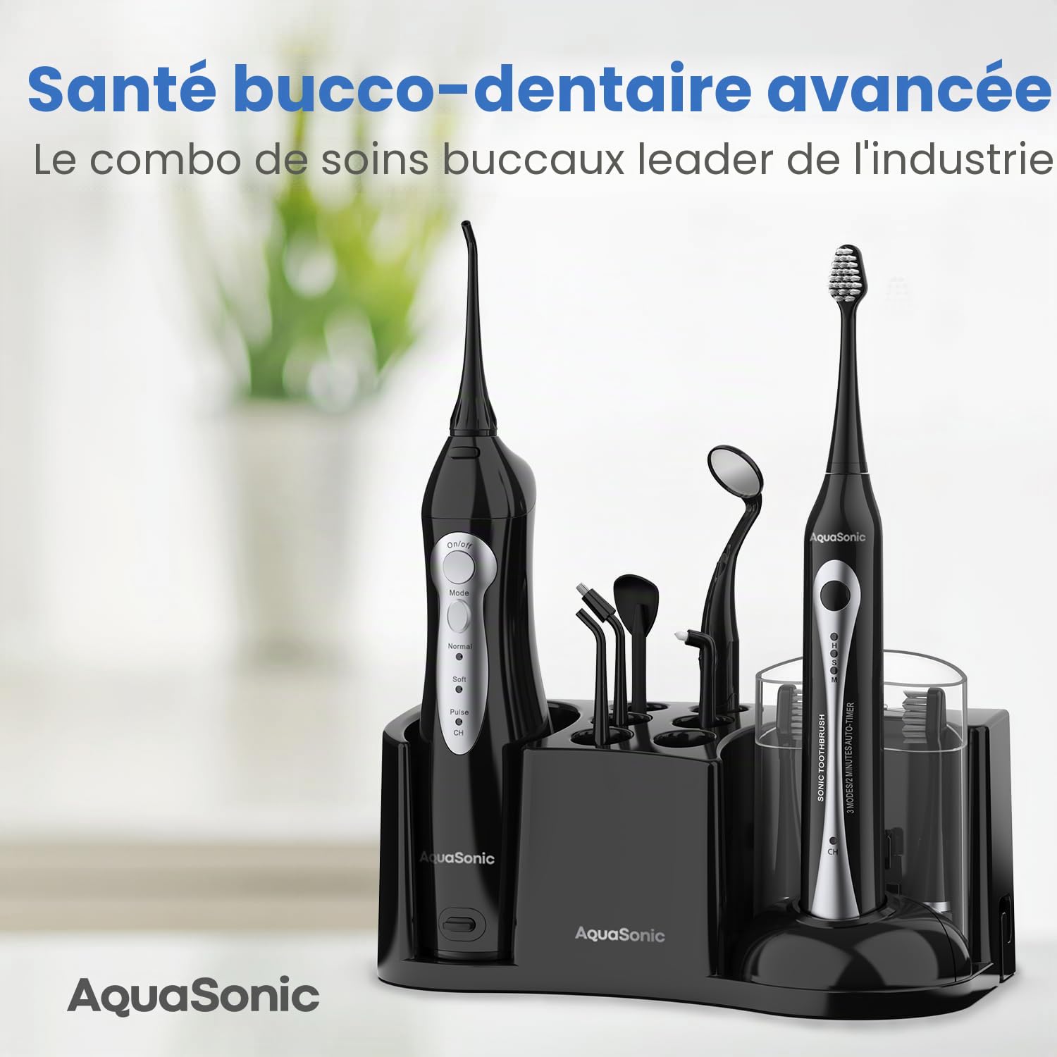 AquaSonic Home Dental Center Brosse à dents électrique rechargeable et hydropulseur intelligent – Système complet de soins bucco-dentaires familiaux – 10 accessoires et embouts inclus – Différents