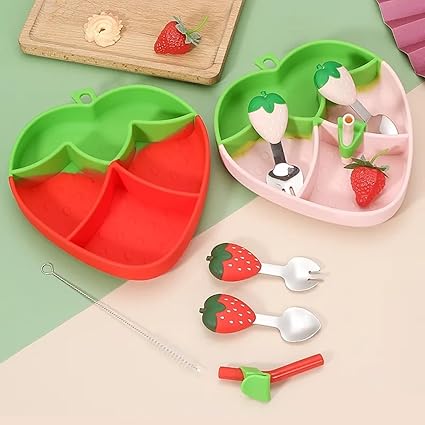 Kixre Kids Silicone Cutlery Feeding Kit with Straw, Cleaning Brush, Spoon & Fork Suction Tableware Custom Baby Feeding Set Base Baby Cartoon Children's Meal Plate (Strawberry Shape)