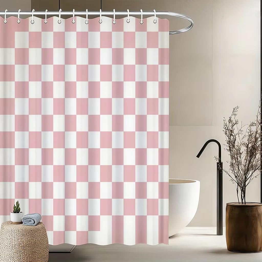 KELAIMI Pink White Checkered Shower Curtain,Aesthetic Geometric Bathroom Curtain with Hooks,Waterproof Quick-Dry Polyester Fabric Bathtub Curtains Pink 90X180Cm