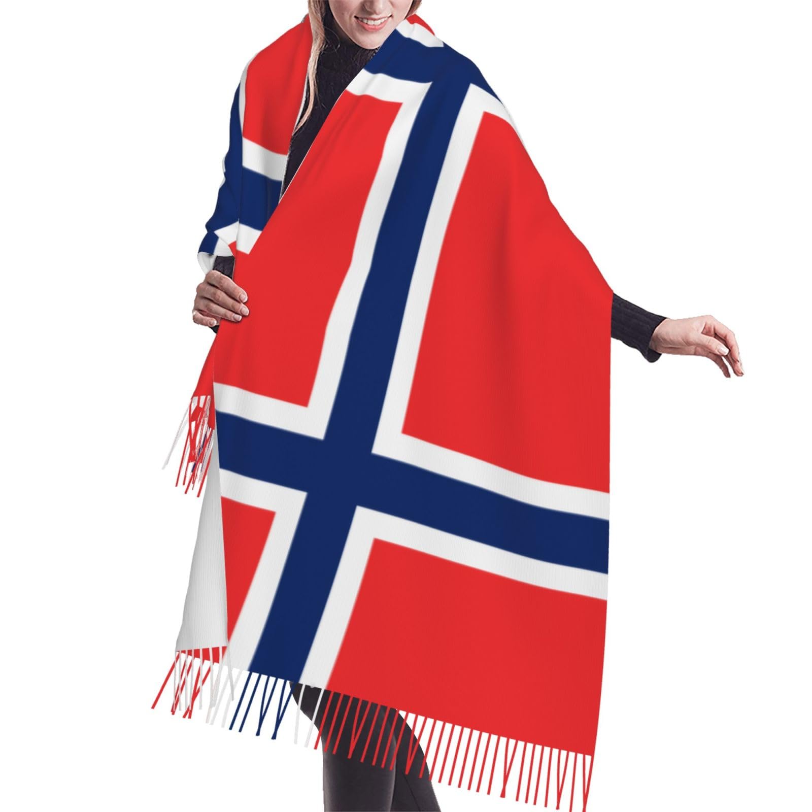 Norwegian flag Scarf Classic Soft Fringed Scarf Long Shawl for Women.
