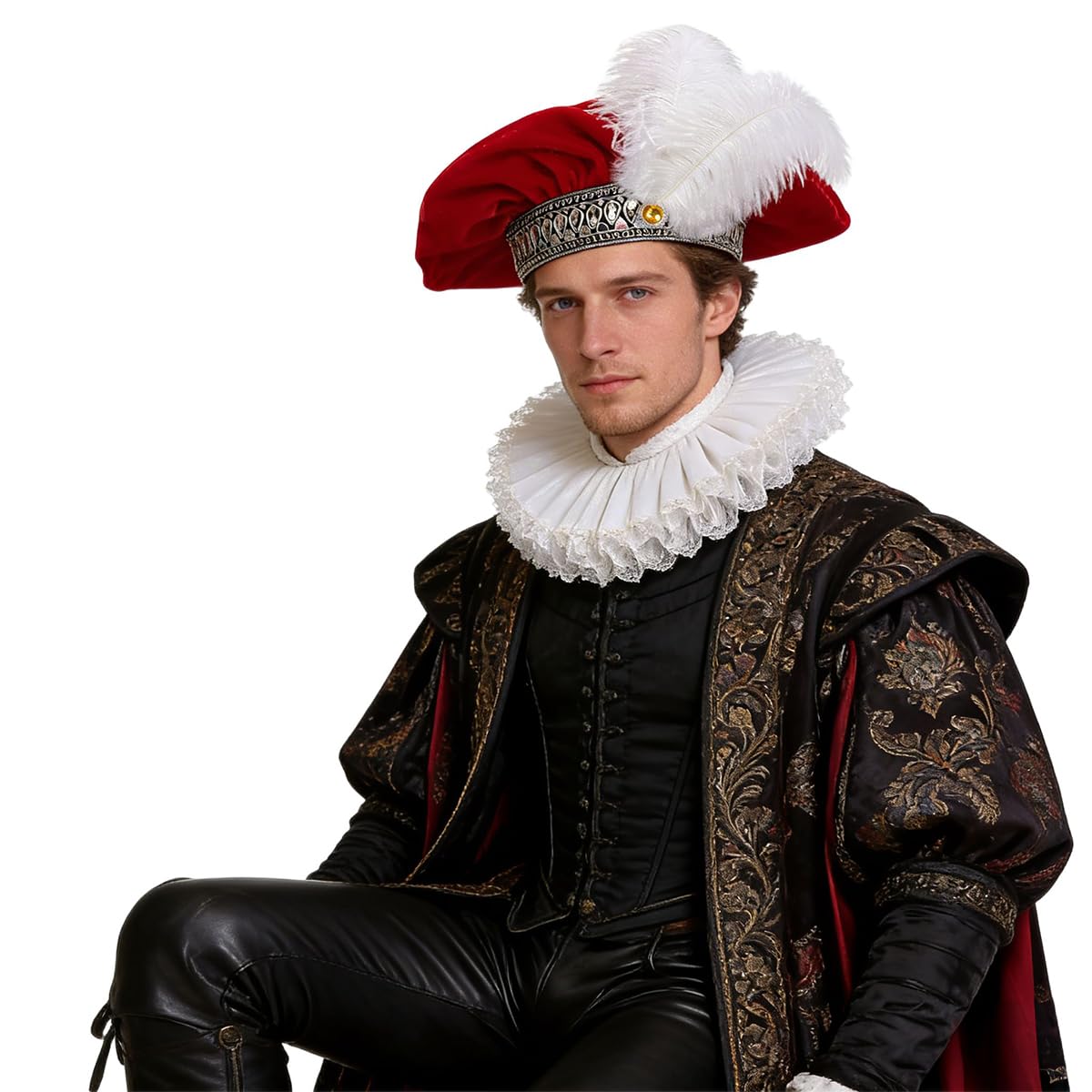 BPURB Men Medieval Tudor Hat with Feather Muffin Top Hat Renaissance Tudor Flat Cap Halloween Carnival Cosplay Costume
