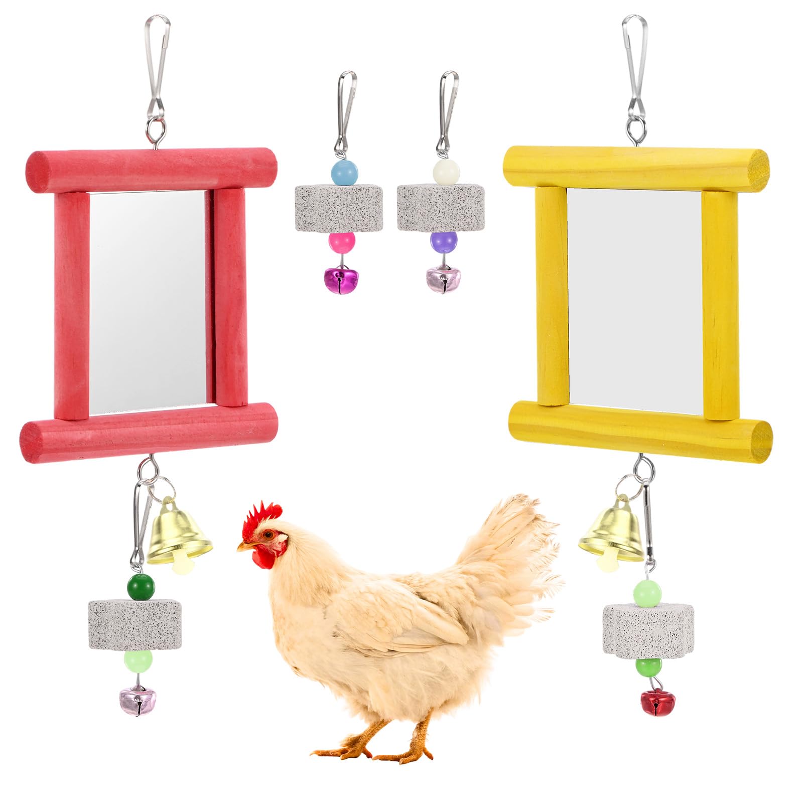 M METERXITY 1-Set Chicken Chewing Toy, 2 Chicken Mirror Toys with 2 Beak Grinding Volcanic Stones for Roosters/Hens/Parrot/Rat Hamster/Bunny/Birds [Red/Yellow]