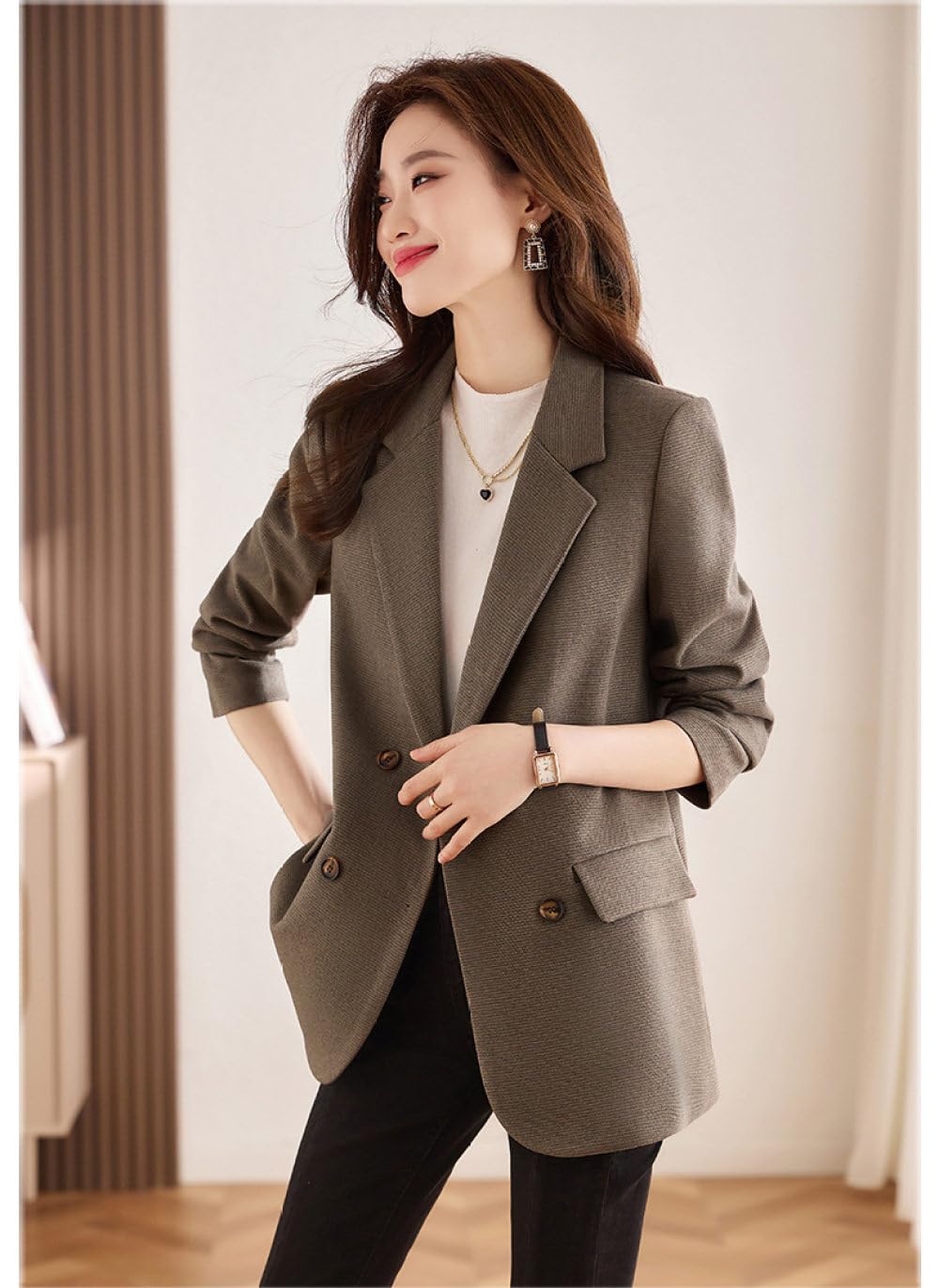 Damen Blazer Tweed Jacken,Vintage Brauner Nothced Revers Anzugsmantel,Lässige Mode,Lange Ärmel,Zweireihige Jacke,Herbst Übergangs Oberbekleidung Mit Rückenschlitz