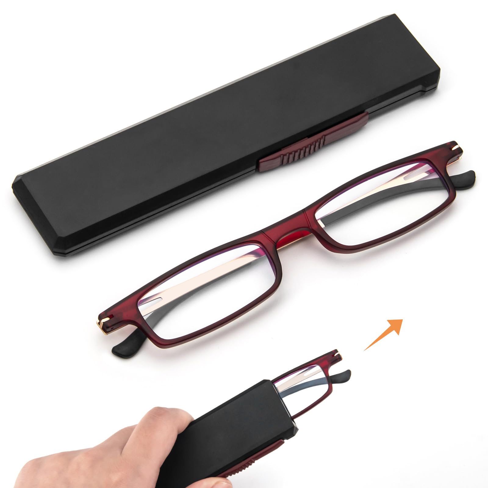 REAVEE Folding Reading Glasses for Men Women Ultra Thin Blue Light Blocking Anti UV/Eyestrain Computer TR90 Slim Foldable Portable Readers with Compact Flat Case, Red +3.0