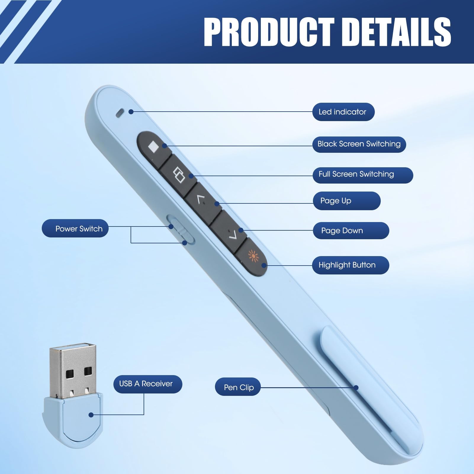 USB Presentador Inalambrico, Pasador de Diapositivas USB para PowerPoint Keynote Google, Mando Inalámbrico para Reuniones Discurso Enseñanza, Puntero para Presentaciones para Macbook Air Pro