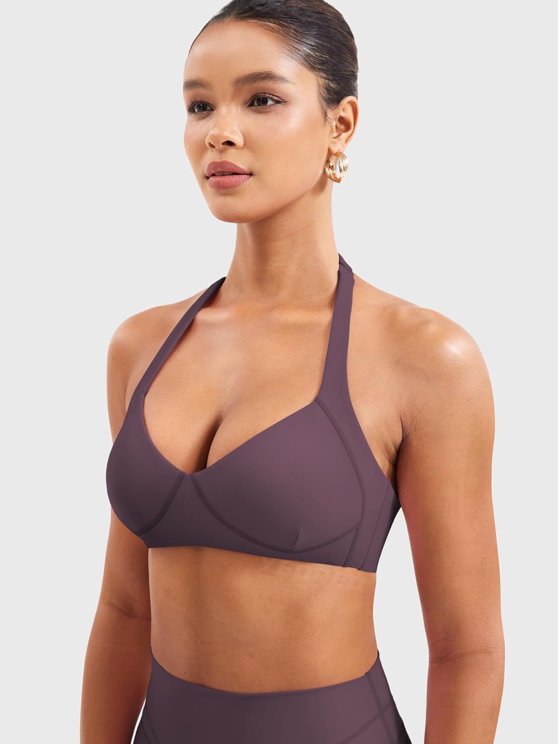 YEOREO Women Halter Sports Bra Light Support V Neck Padded Strappy Open Back Workout Gym Tops - Image 7