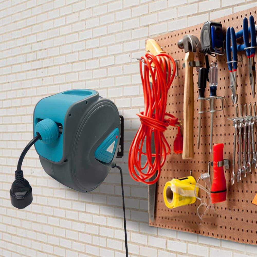 Aufun Tambor de cable automático para exteriores, 20 m, termostato de protección contra sobrecarga, autoenrollable, tambor eléctrico, giratorio 180°, soporte de pared, incluye material de montaje,
