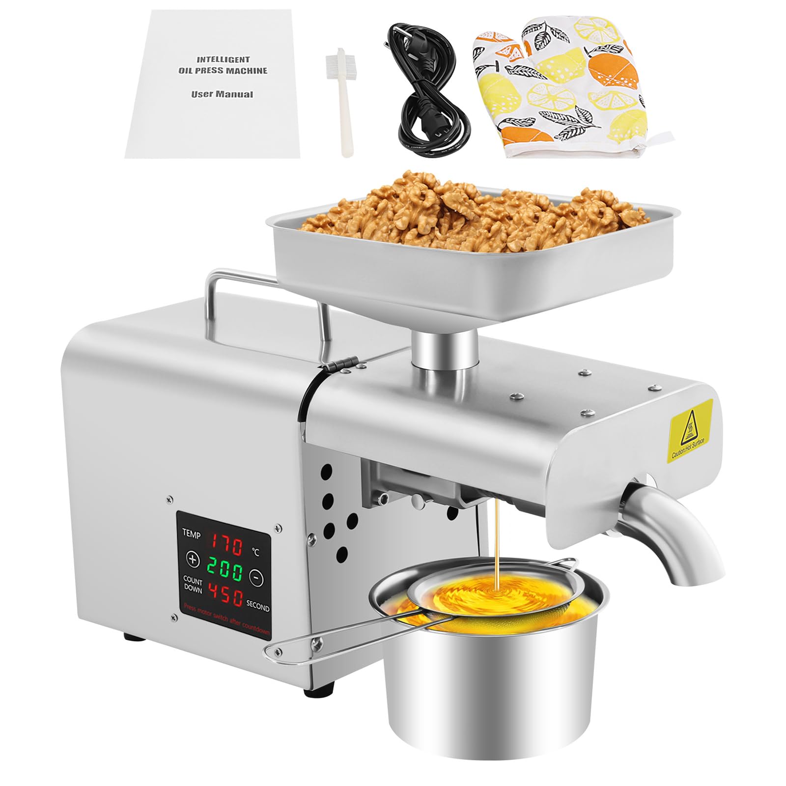 Prensa de aceite eléctrico para aceite frío y caliente, máquina de prensado de aceite para nueces, cacahuetes, sésamo, 3-6 kg/hora, 50-250 °C, 610 W