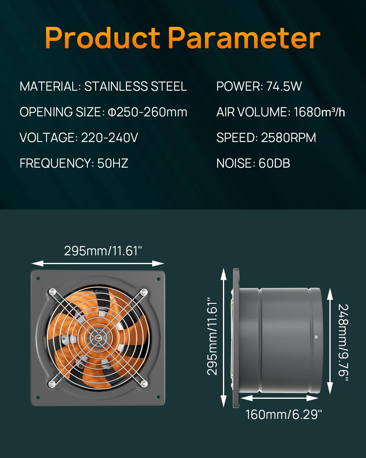 HG Power Wentylator wyciągowy 250 mm, 1680 m³/h, cichy, z klapą zwrotną, wydajny wentylator ścienny z wtyczką EU, do kuchni, łazienki, garażu, piwnicy