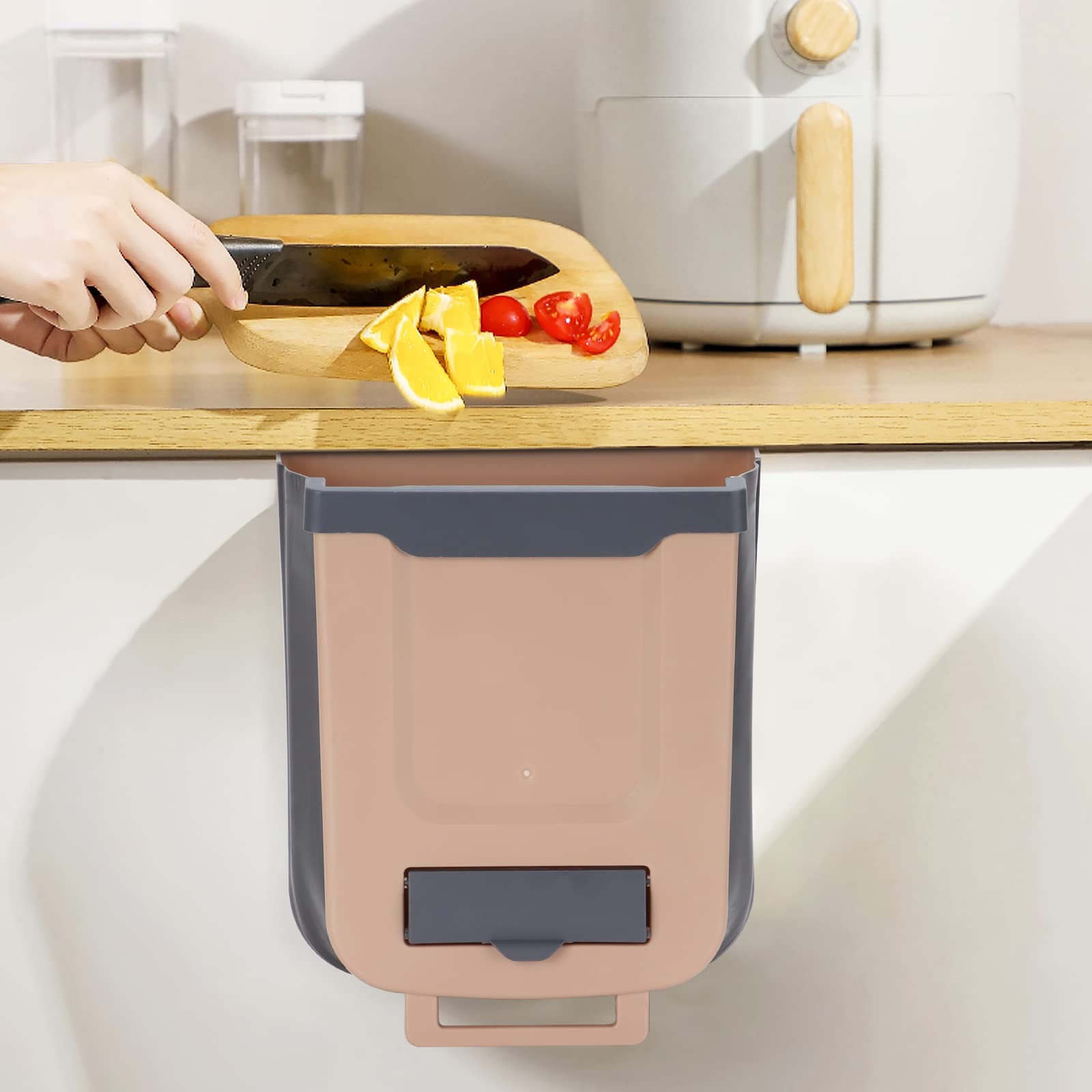 Hanging Kitchen Trash Can,2.4 Gallon Foldable Trash Can,Collapsible Trash Can for Kitchen/Bathroom/Bedroom/Office/Camping(Brown)