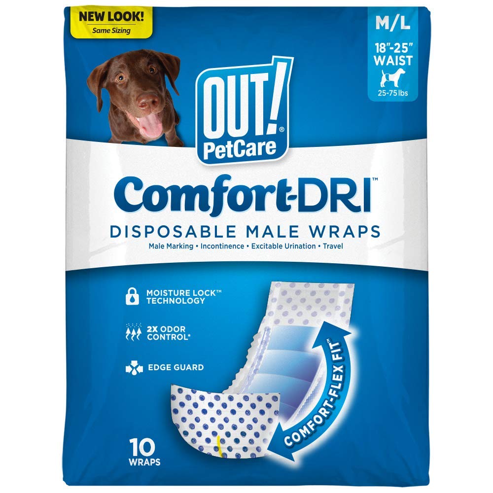 OUT! Pañales Desechables para Perros Machos, Absorbentes con Ajuste a Prueba de Fugas M/L - Paquete de 10