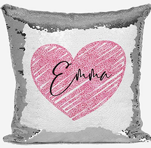 DAILY GIFTS Personalised Heart Any Name Magic Reveal Silver Sequin Cushion Cover Gift 1 (Case + Filling)