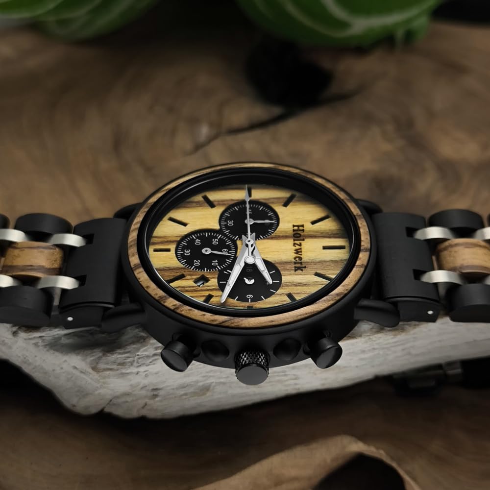 Holzwerk Germany Orologio da uomo di design, realizzato a mano, in legno naturale, cronografo, analogico, al quarzo, marrone e nero, con data, quadrante in legno