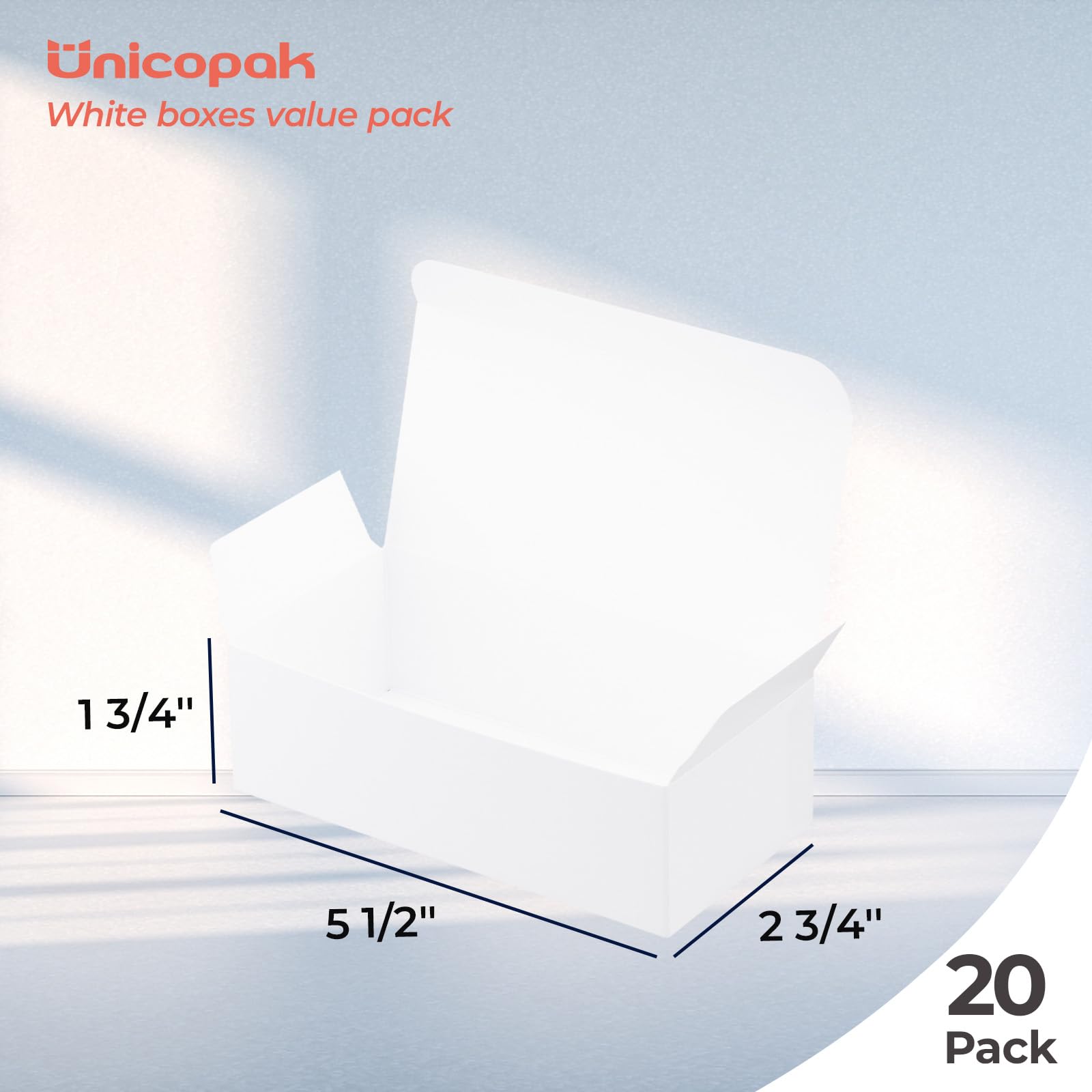 UnicoPak 20 Pack White Small Gift Boxes, 1/2 Lb. Candy Boxes, Food-grade Material, Ideal for Food or Gift Packaging, Gifting Jewelry or Trinkets, Storage Small Items, 5 1/2 x 2 3/4 x 1 3/4"