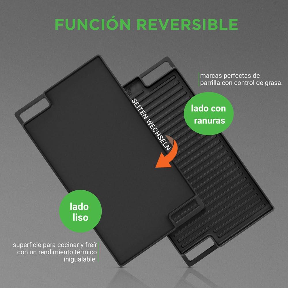 NutriChef Placa de Hierro Fundido, para Horno, Estufas, Plancha Reversible, Incluye Guante de Silicona, Parrilla