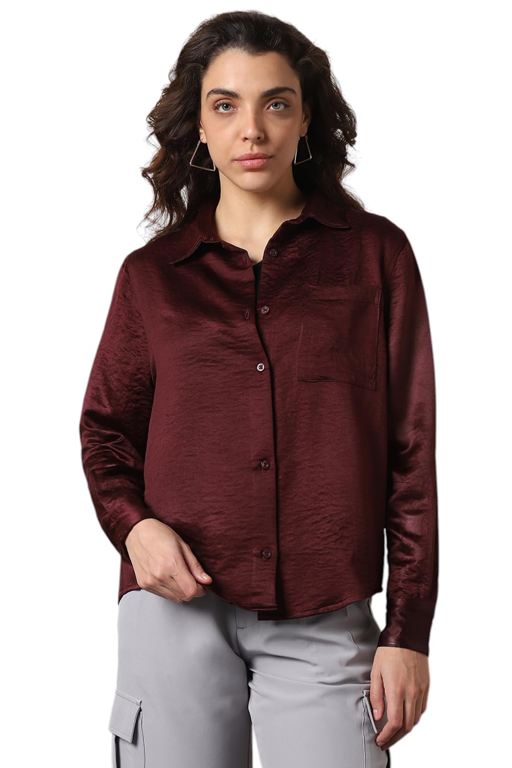 High Star Women Boxy Spread Collar Long Sleeves Solid Shirts 43