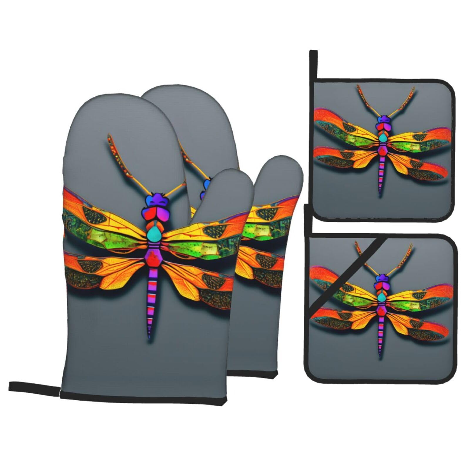 Cute Dragonfly Print Stylish 4-Piece Microwaving Oven Waterproof Kitchen Gloves Baking Holiday Cooking