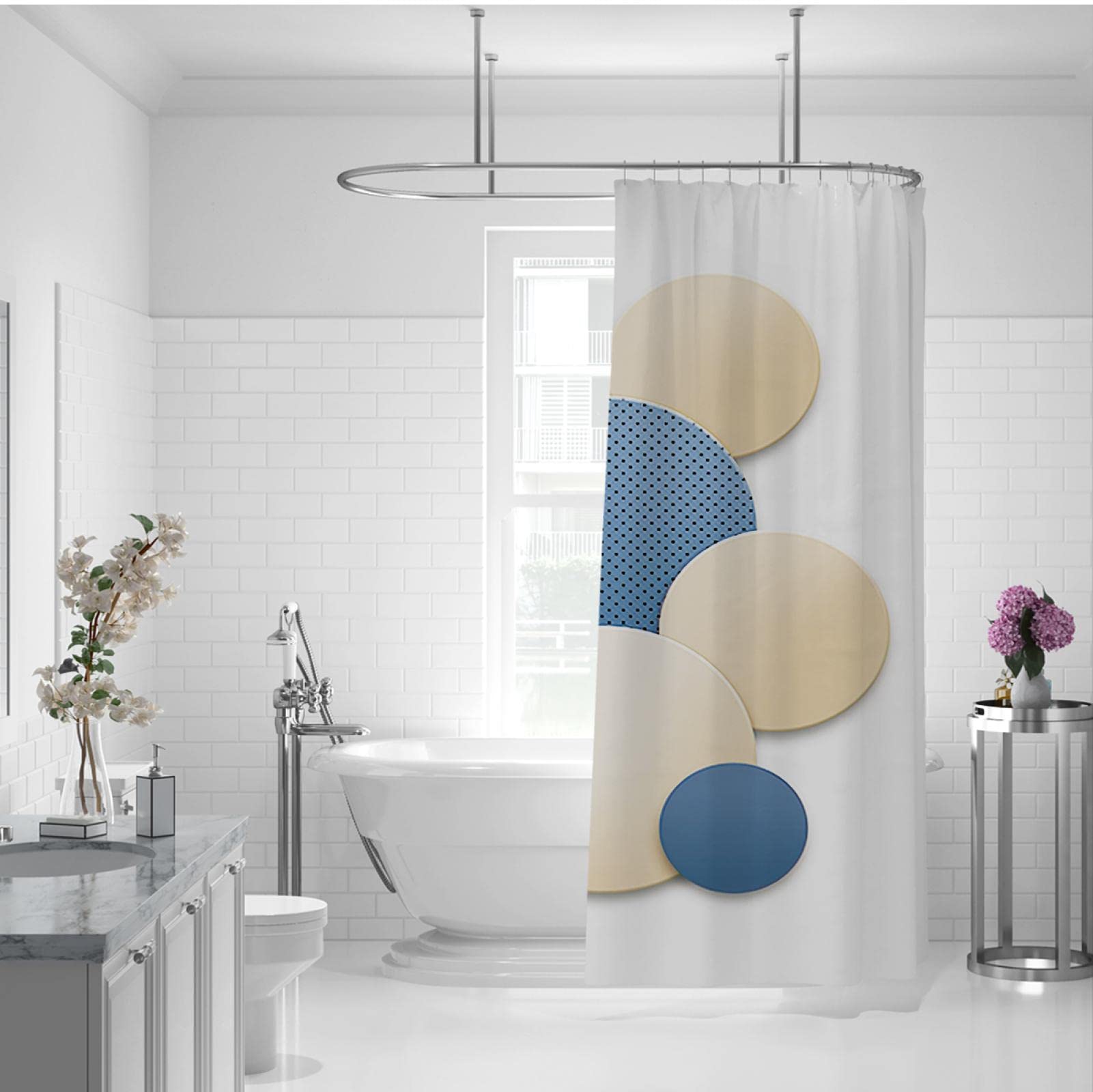 Tenda da doccia modello rotondo Set di tende da doccia blu marrone per arredamento del bagno impermeabile lavabile in tessuto vasca da bagno tenda doccia W220xL200cm