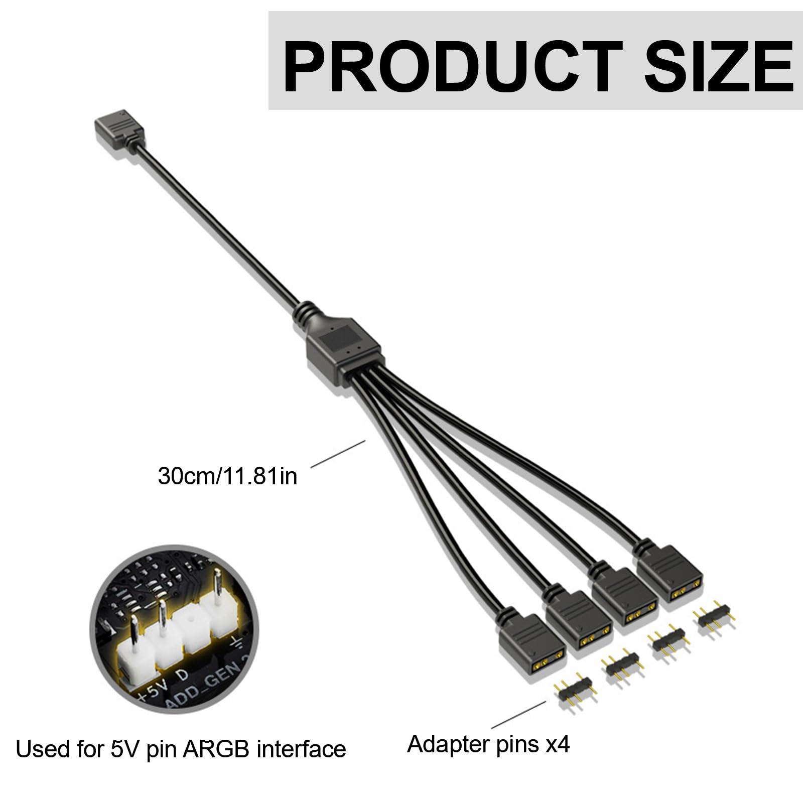 5 V 3-biegunowy kabel rozdzielający ARGB, kabel rozdzielający ARGB, 1 gniazdo na 4 wtyczki, przedłużacz, 4 kable rozdzielające, kabel Y do obudowy komputera, chłodnicy procesora i wentylatora 5 V (1