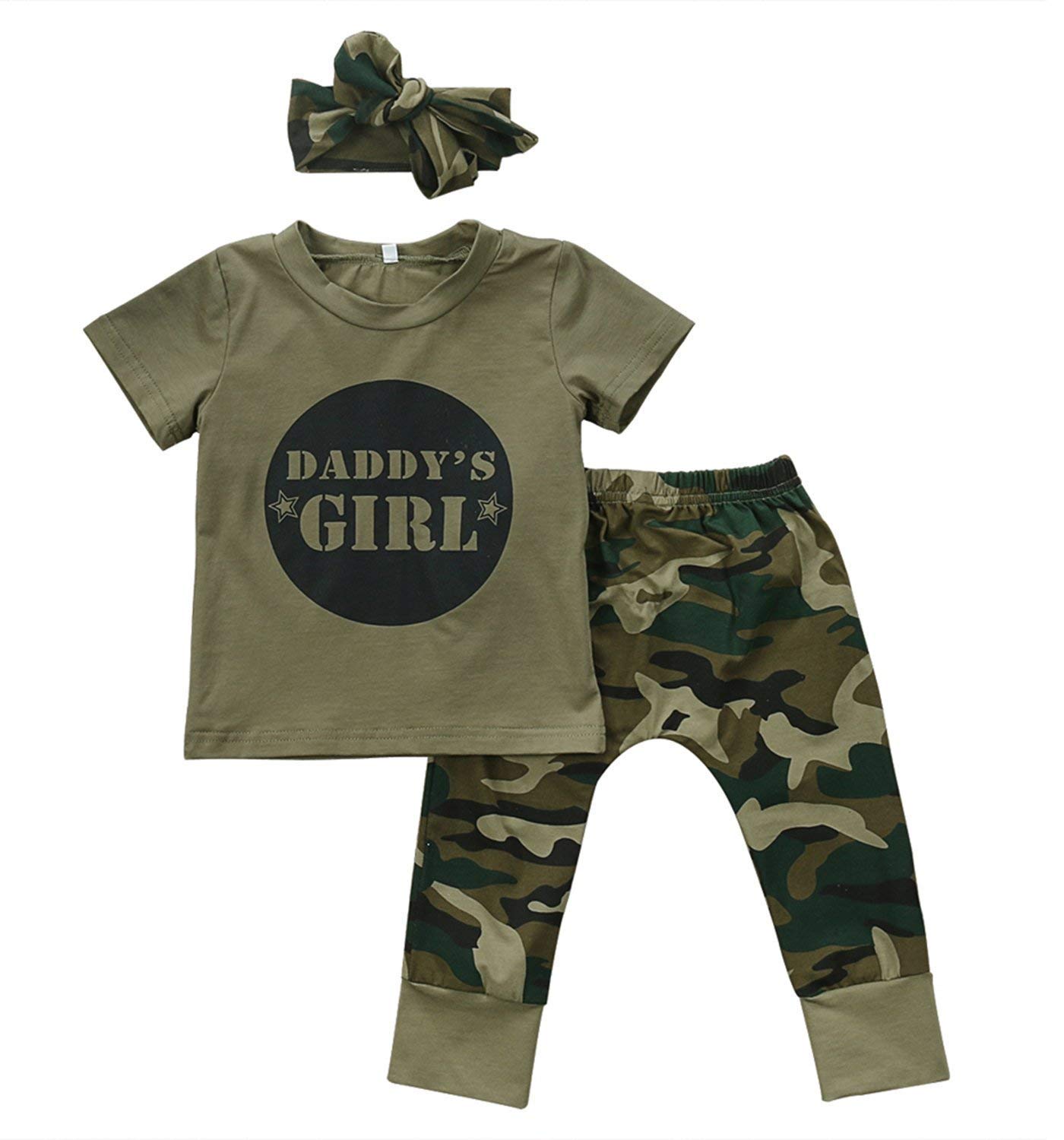 2PCs Baby Boy Girl Words T Shirt Top Camouflage Pants Outfits Clothes Set for 0-24 Months (0-6 Months, Girl)