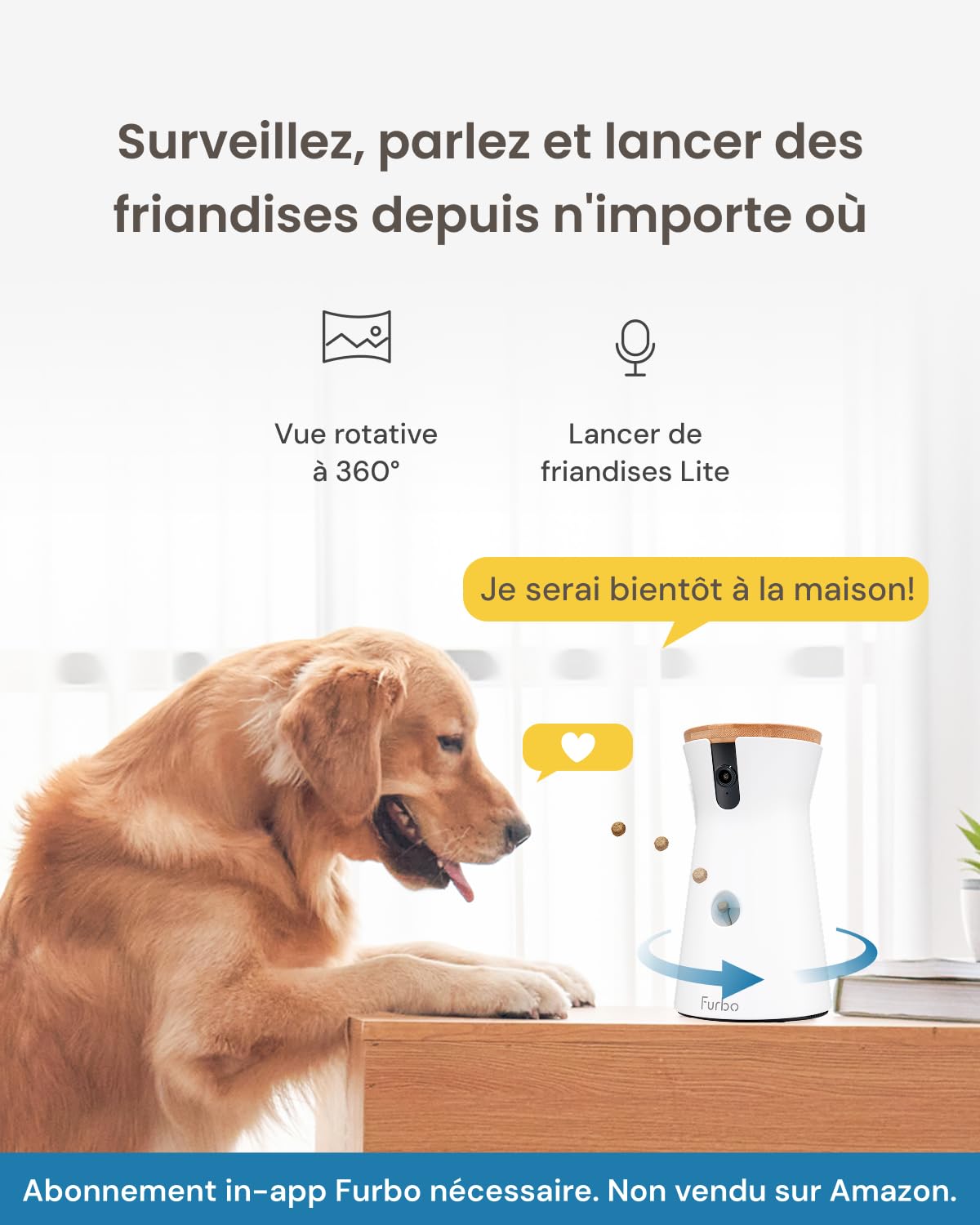Furbo Caméra pour Chien 360° HD Intelligente avec Vision Nocturne, Suivi Auto, Lancer de Friandises, Alerte Aboiement